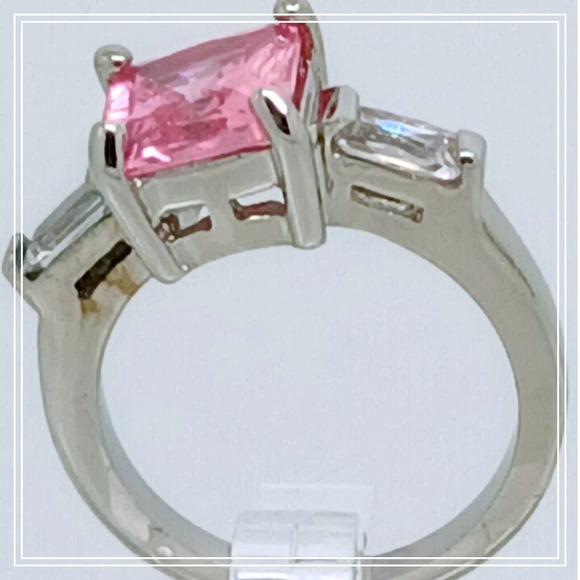 Vintage Jewelry - Pink Princess Cut Three Stone Ring Silver Tone Baguette Side Stones Size 9